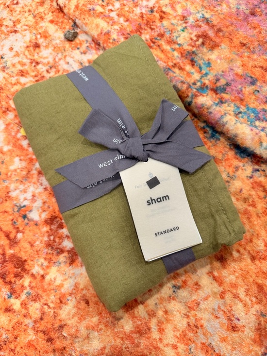 West Elm Other - West Elm European Flax Linen Sham Standard Olive Green Box Stitch NWT